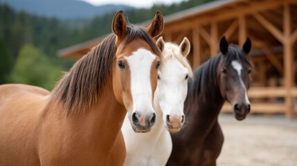 Naklejka premium Three horses of different colors standing together in a barn setting.