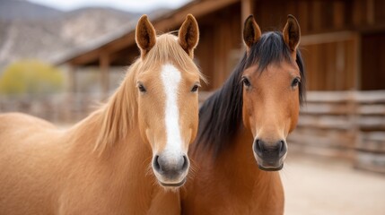Fototapeta premium Two horses with distinct coats standing side by side in a barn setting.