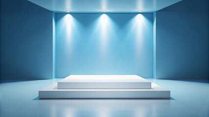 A white platform in a blue room with spotlights from the ceiling