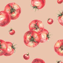 Watercolor big red tomatoes and cherry tomato variations. Watercolor seamless pattern. Realistic food hand drawn illustration. Juicy ripe vegetables with green stalk on Isolated coloured background