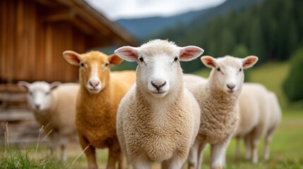 Fototapeta premium Four sheep in a green field with a wooden structure in the background.