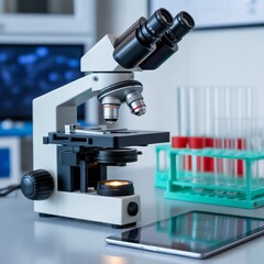 The lab's microscope and tablet screen.
