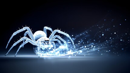 Crystalline spider, ethereal, glowing blue, trails sparkling particles across dark background