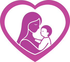 Mom and baby vector logo design with love shape