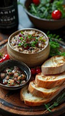 Classic Pâté de Foie Gras: Rustic Wooden Platter with Toasted Baguette and Fruit Compote, Vertical View