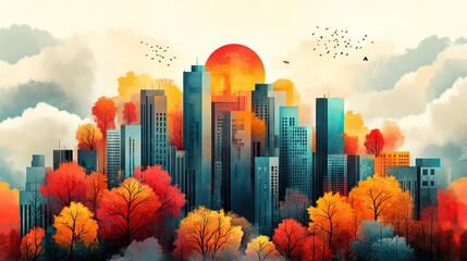 A cityscape with autumn trees and a large sun in the background with birds flying above the buildings