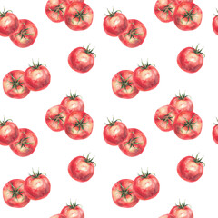 Watercolor red tomatoes vegetables seamless pattern Realistic painted illustration. Whole ripe fruit with green stalk repeating design for fabric, wallpaper on Isolated white background plant clipart 