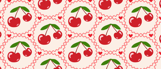 Seamless pattern with juicy cherries and hearts in cells.