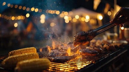 A person is cooking food on a grill with corn and meat. The atmosphere is lively and fun, with people gathered around the grill