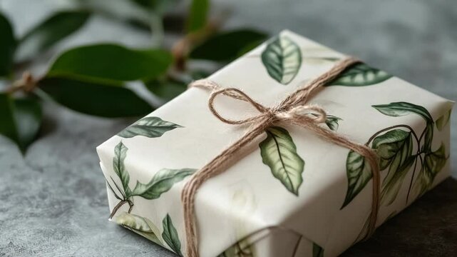 Gift wrapped in vintage floral paper with kraft twine and blank tag, placed on matching floral fabric, symbolizing romantic charm, handmade care, and nostalgic celebration.mock up, .copy space