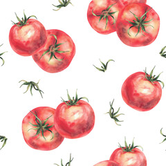 Tomato with green stalks. Red vegetables food plant seamless pattern. Realistic watercolor painted illustration. Ripe juicy fruit, farming crop clipart for fabric, packaging Isolated from background