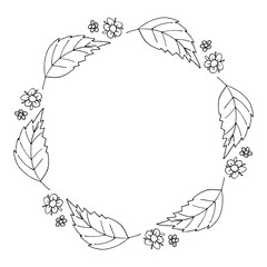 Round Plant frame Doodle sketch. Wreath with leaves and flower. Leaf Circle Frame. Black and white wreath hand drawn Vector Fresh print for invitation, greeting card, quote, poster. Hollyday border.