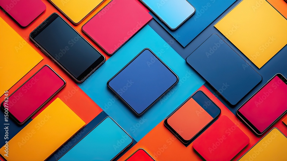 Poster an arrangement of colorful phones and squares creating a vibrant and modern abstract pattern design