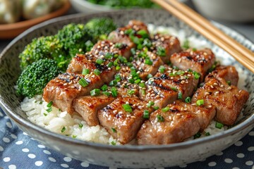 Grilled meat cubes over rice with broccoli