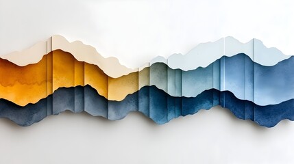Abstract layered landscape in warm and cool tones, undulating horizontal form suggesting mountains or waves, painted in shades of ochre, blue, and grey on a white background