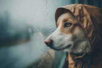 Obraz premium A dog in a raincoat gazes out a rainy window, reflecting a calm and contemplative mood.