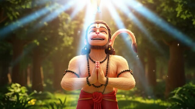 Animated depiction of hanuman receiving divine light in a serene forest setting with spiritual reverence