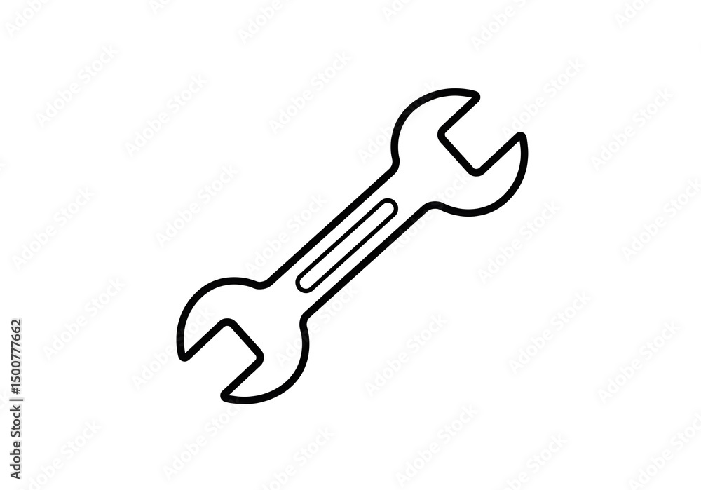 Poster a simple line drawing of a wrench tool isolated on a plain white background with clear details