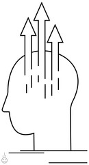 Human head outline with vertical arrows rising through it, symbolizing abstract growth, thinking, success, innovation. Ideal for education, leadership, ideas, planning progression insight flat