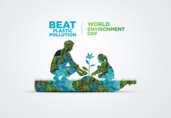 Plakat #BeatPlasticPollution, World Environment day concept 2025 3d tree background. 