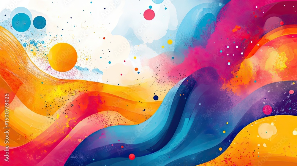 Poster abstract watercolor painting with vibrant colors and fluid shapes creating a dynamic composition