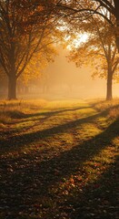 Fototapeta premium Photo of Autumnal Trees With Golden Sunlight and Misty Atmosphere