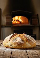 Photo of Baked Sourdough Bread on Rustic Wooden Table Near Lit Oven