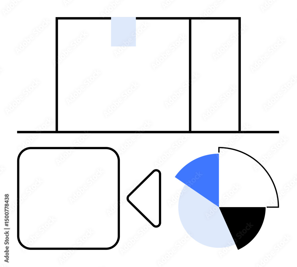 Poster rectangular interface, triangle, pie chart in black and blue sections. ideal for data visualization,