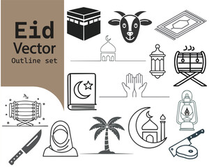 Eid mubarak vector outline icons set islamic celebration