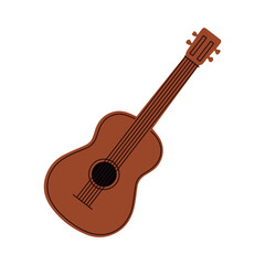 Flat illustration of a classic brown acoustic guitar with six strings. Simple design representing music, camping entertainment, and outdoor relaxation around the fire. Vector illustration