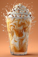 Caramel iced macchiato splashing in a clear glass with swirling layers, droplets on the glass.
