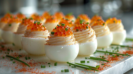 Caviar Deviled Eggs float elegantly, showcasing creamy yolk filling, caviar, chives, and paprika, emphasizing their luxurious and gourmet appeal.