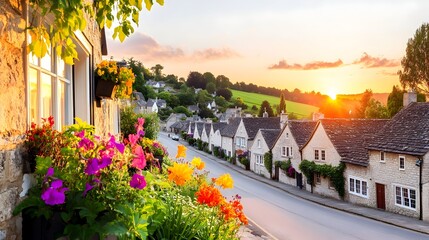 Idyllic Cotswold village street at sunset, vibrant flowers adorning a quaint stone house, rolling hills in the background