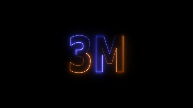3 Millions Glowing neon line Letter Icon Animation. 3M followers and subscribers on black background 4K Video.