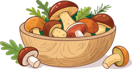 Wooden Bowl with Mushrooms on White Background Vector Illustration