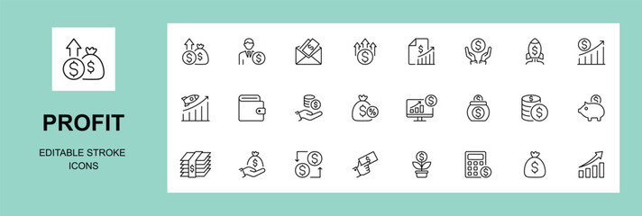 Profit line icon set. Money income, money savings, earnings, money, cash, investment, financial growth and more. Outline vector icon in linear style, Editable stroke.