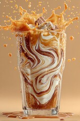 Caramel iced latte: Coffee and ice splashing in a clear glass with swirling layers, droplets on the glass.