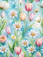 Painting of a field of flowers with a blue background