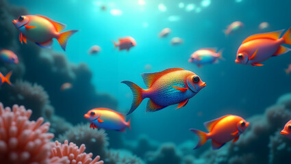 Naklejka premium Vibrant Reef Fish A Stunning Underwater Scene of Colorful Coral Reef Inhabitants
