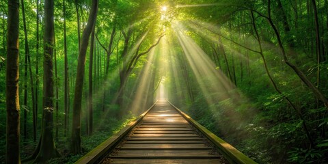 A serene forest path illuminated by sunlight filtering through lush greenery.