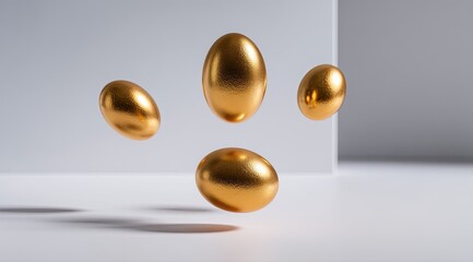 Golden eggs levitate in a minimalist setting