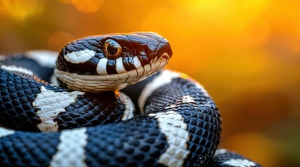 Coiled snake, black and white, close-up view