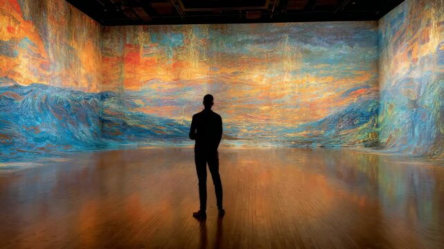 A person stands in a gallery, gazing at a vibrant, immersive digital art display resembling an impressionist painting.