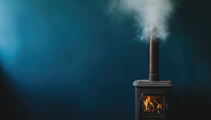 A dark teal wall provides a backdrop to a wood-burning stove with a visible fire and smoke plume rising from its chimney.  The scene evokes warmth and coziness