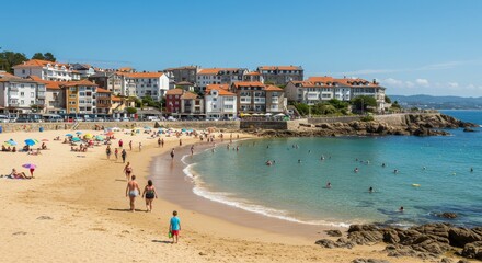 Photo of Coastal Beach Scene with People Houses and Blue Sky on Sunny Day