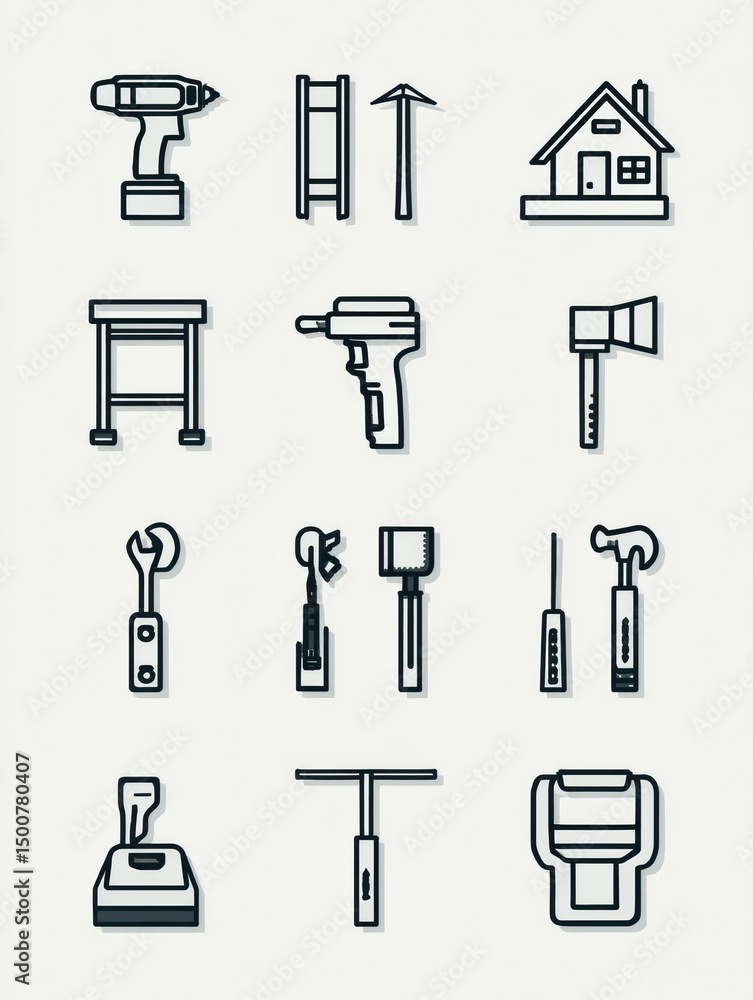 Leinwandbilder Stylized Minimalist Icon Set Showcasing Various Construction Tools in a Light-Centered Design for Modern Design Projects