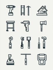 Stylized Minimalist Icon Set Showcasing Various Construction Tools in a Light-Centered Design for Modern Design Projects