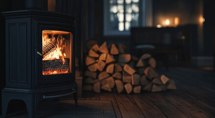 A dark wood-paneled room features a cast iron wood-burning stove with a vibrant fire, next to a neatly stacked pile of firewood, all under low-light conditions creating a cozy and warm atmosphere