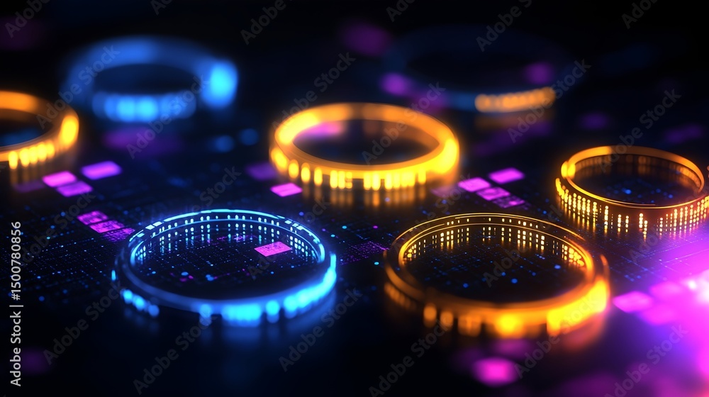Aufkleber glowing neon rings and digital circuitry on a dark surface, creating an abstract technological scene