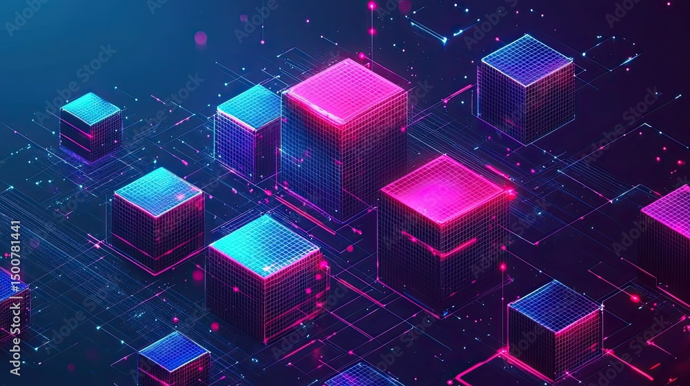 Poster abstract network of glowing cubes connected by lines in a dark blue and pink color scheme
